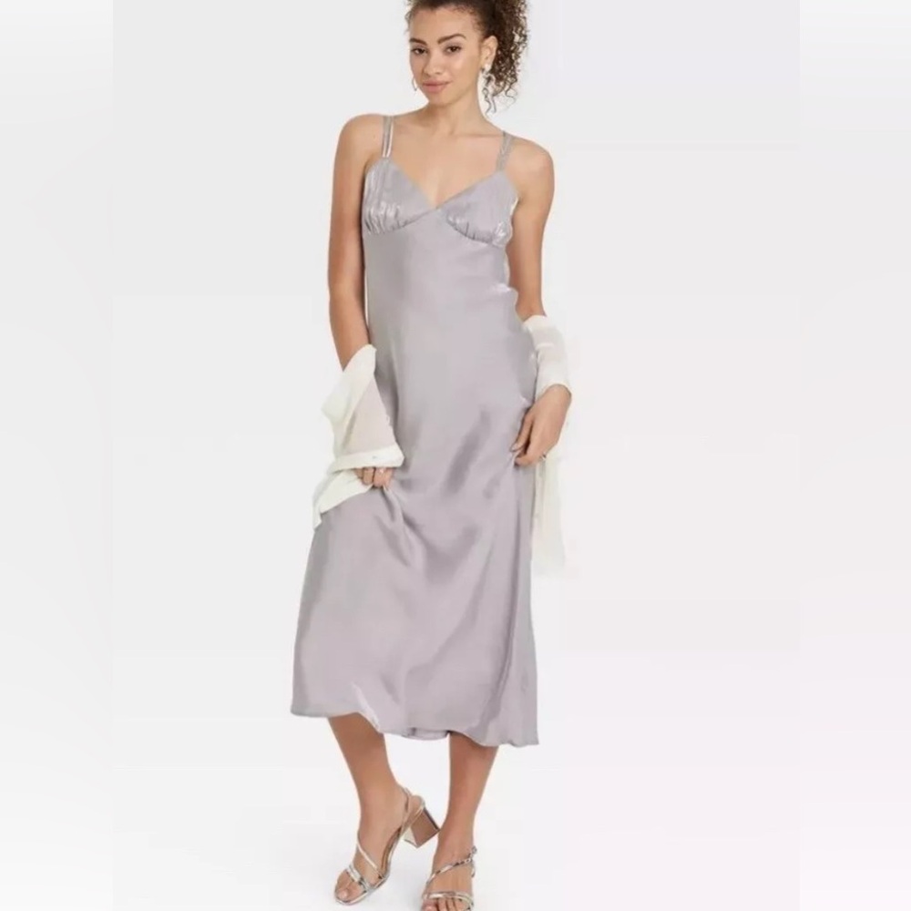 Slip Dress Jr M Silver Shimmery Baby Doll Fairycore Coquette Mob Wife Regenc…